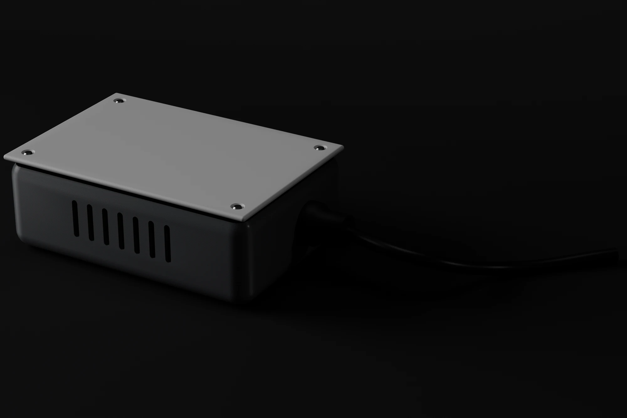Printed housing assembled with lid, screws and cable gland