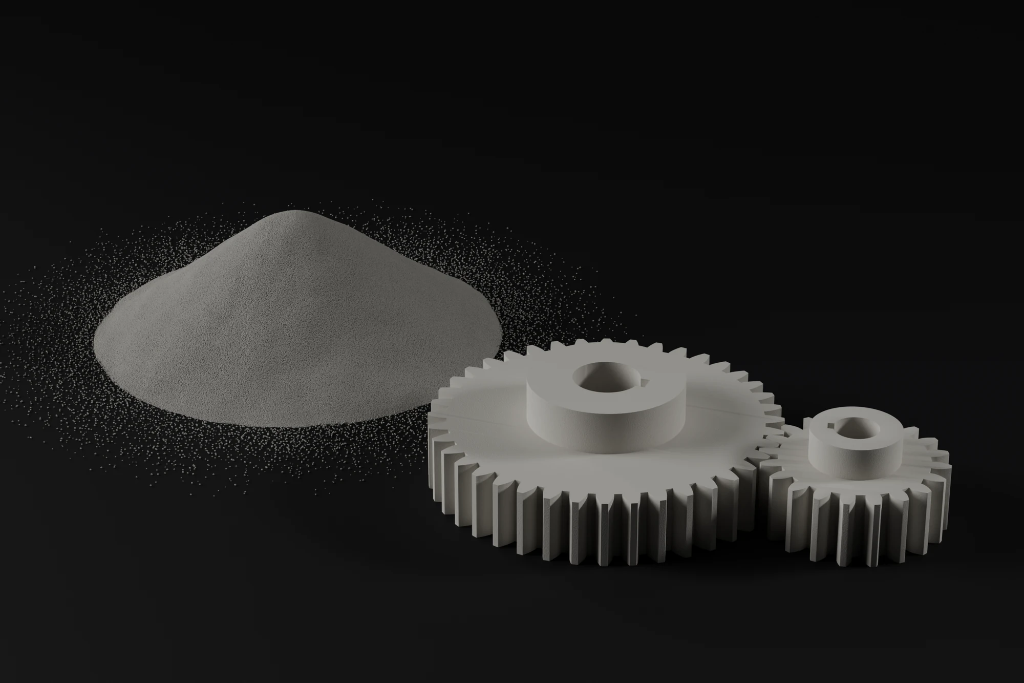 SLS nylon gears next to a heap of PA12 powder